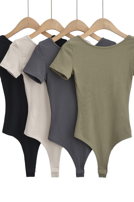 4 Colorway Solid Color Short Sleeve Knitted Crew Neck Back Hollow Out Casual Women Modest One Piece Jumpsuit
