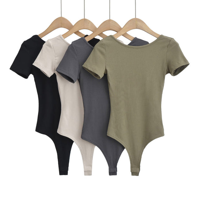 4 Colorway Solid Color Short Sleeve Knitted Crew Neck Back Hollow Out Casual Women Modest One Piece Jumpsuit