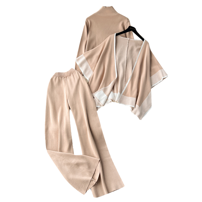Autumn and Winter Loose and Lazy Style Cape Coat High Neck Pullover Knitted Sweater Casual Wide Leg Pants Three Piece Set