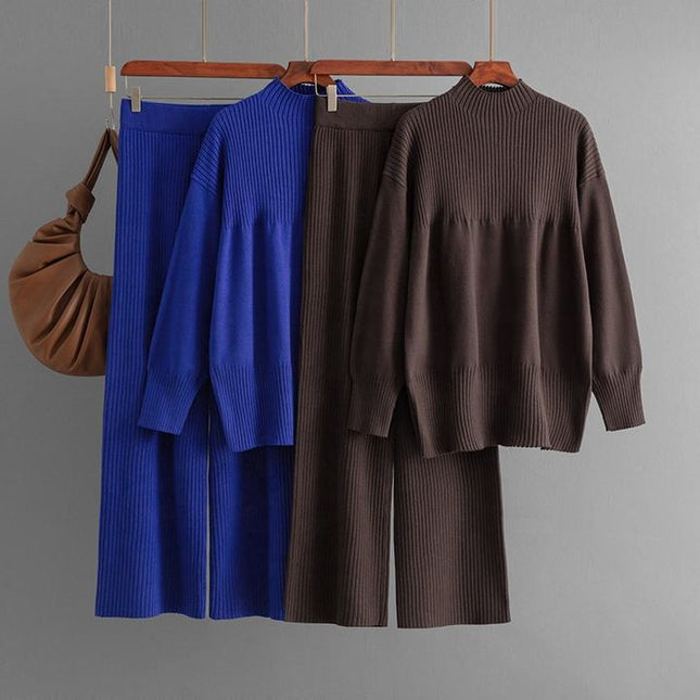 High-grade Casual Two-piece Knit Fashion Set Women's Autumn Winter Long Sleeve Sweater + High Waist Slimming Slacks