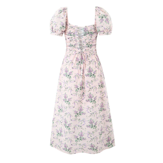 Square Collar pink Color Floral Print Short Sleeve Casual Fashion Summer Long Dress for Women