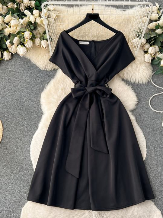 Banquet Party Dresses Women Summer Bow Tie Short Sleeve V-Neck Dresses