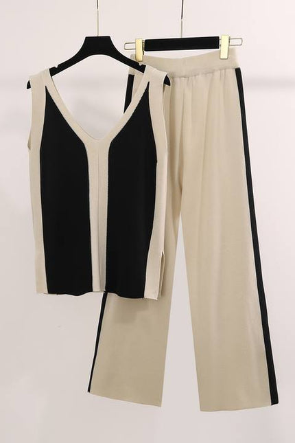 New Color Matching V-neck Vest Knitted Split Top Color Matching Wide Leg Pants Knitted Two-piece Set