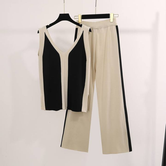 New Color Matching V-neck Vest Knitted Split Top Color Matching Wide Leg Pants Knitted Two-piece Set