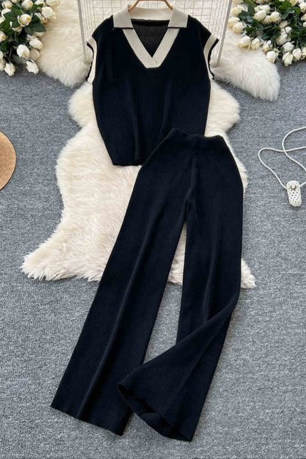 Two-piece Summer Outfit Sleeveless Knitted Top Retro Color-blocking Turn-down Collar and High Waist Wide Leg Trousers