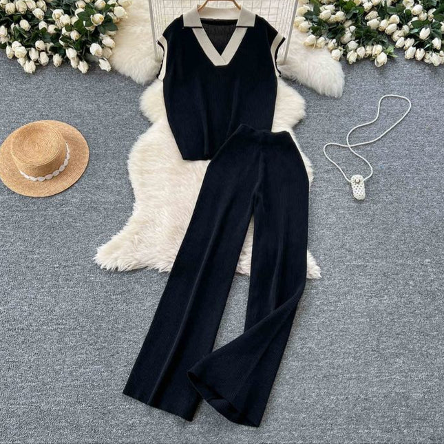 Two-piece Summer Outfit Sleeveless Knitted Top Retro Color-blocking Turn-down Collar and High Waist Wide Leg Trousers