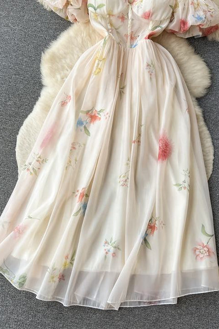 Plunge Halter Women Summer Floral Bubble Sleeve Mesh Dresses