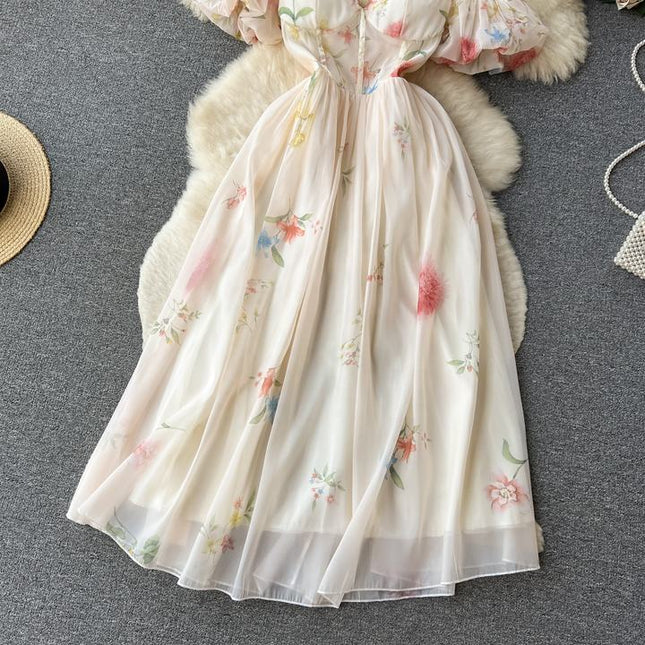 Plunge Halter Women Summer Floral Bubble Sleeve Mesh Dresses