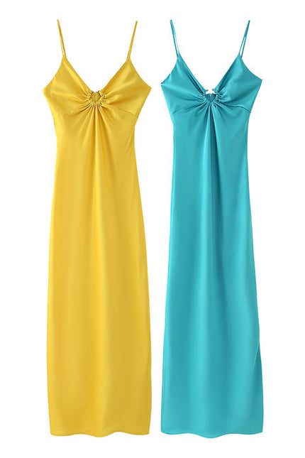 2 Colorway Spaghetti Strap Solid Color Front Pleated Casual Fashion Maxi slip Dress for Ladies