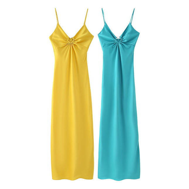 2 Colorway Spaghetti Strap Solid Color Front Pleated Casual Fashion Maxi slip Dress for Ladies