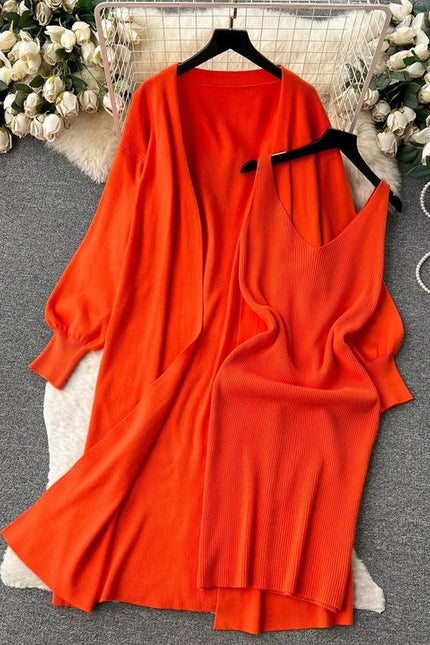 Yüksek dereceli düz renk örme moda seti kadın sonbahar v yaka Halters elbise gevşek ince uzun kollu üst
