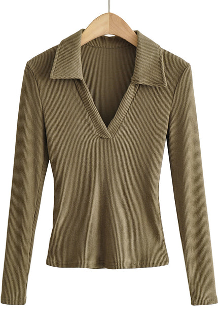 6 Colorway Solid Color Long Sleeve Turn Down Collar Casual Fashion Women Knitted t Shirt