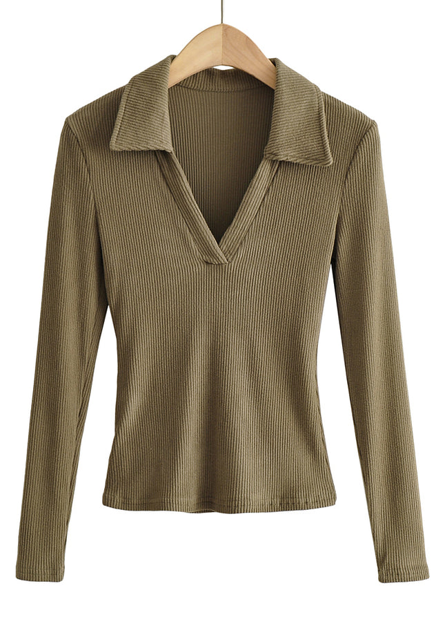 6 Colorway Solid Color Long Sleeve Turn Down Collar Casual Fashion Women Knitted t Shirt