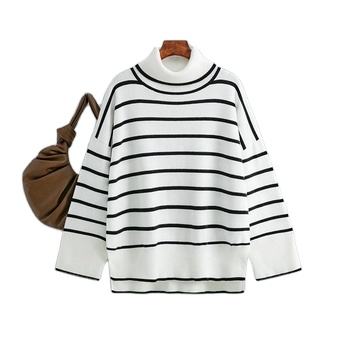 Spring Autumn Vintage Versatile High Neck Striped Loose Sweater Women's Sweater Top