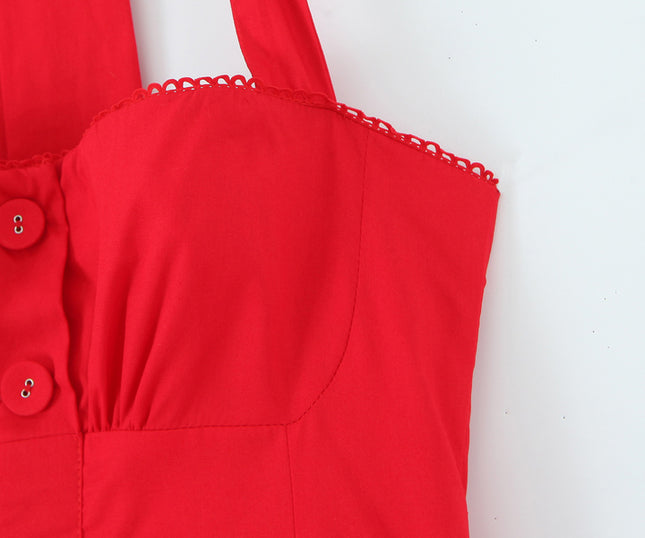 3 Colorway Back Hollow Out Red Color Sleeveless Casual Fashion Summer Long Halter Dress for Women