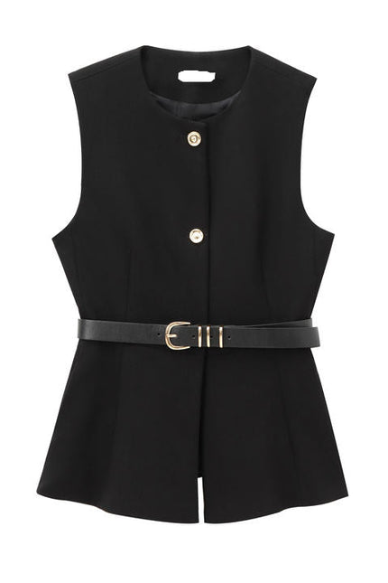 Crew Neck Sashes Buttons up Sleeveless Black Color Casual Fashion Women's Vests & Waistcoats