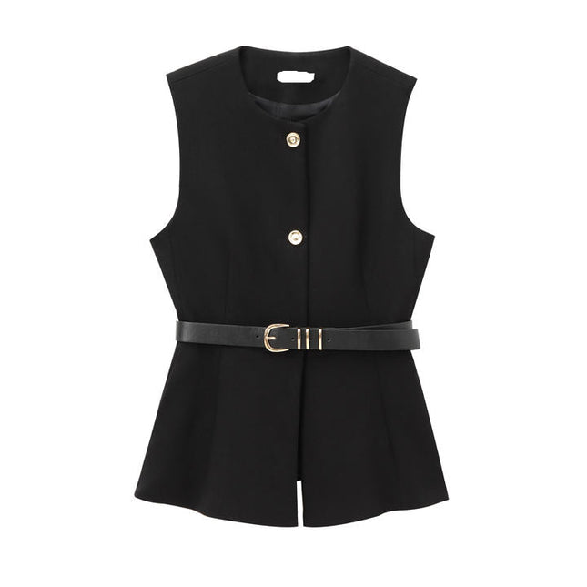 Crew Neck Sashes Buttons up Sleeveless Black Color Casual Fashion Women's Vests & Waistcoats
