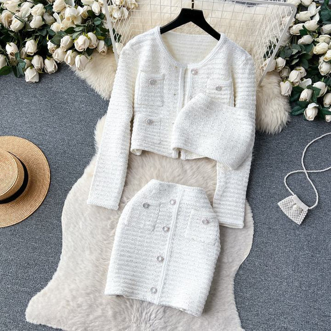 Elegant Casual Short Cardigan Sequin Knitted Set Autumn New Mini Skirt Set Shorts Two Piece Women's Clothing