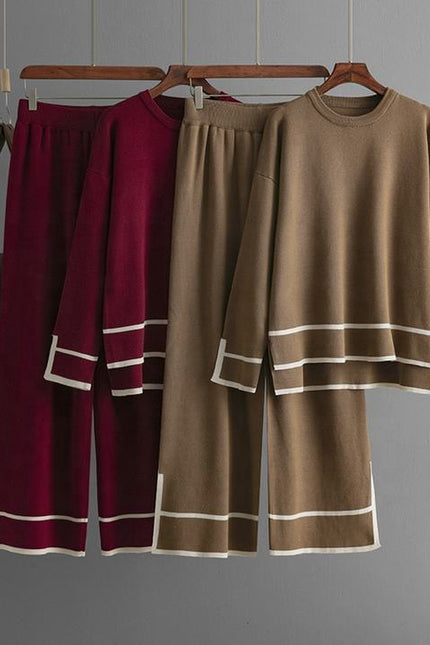Women's Knitting Two-piece Suit Round Neck Long-sleeved Split Top+long-pants Sweater Two-piece Sets