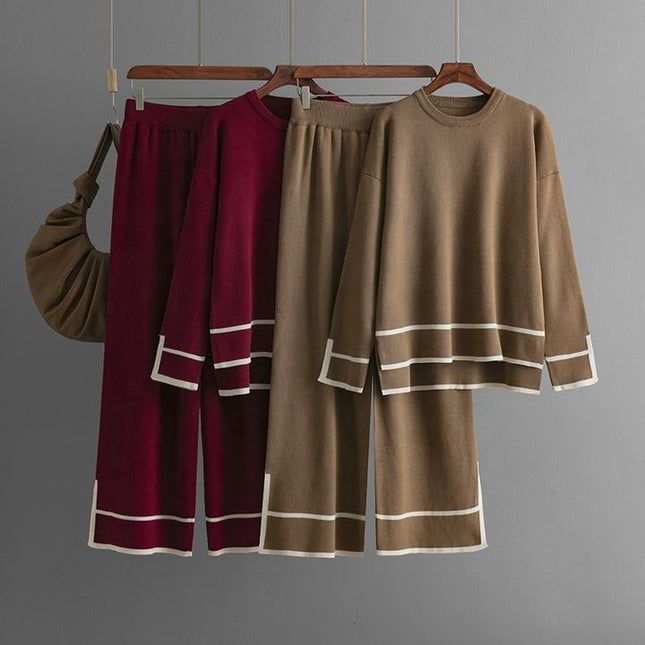 Women's Knitting Two-piece Suit Round Neck Long-sleeved Split Top+long-pants Sweater Two-piece Sets
