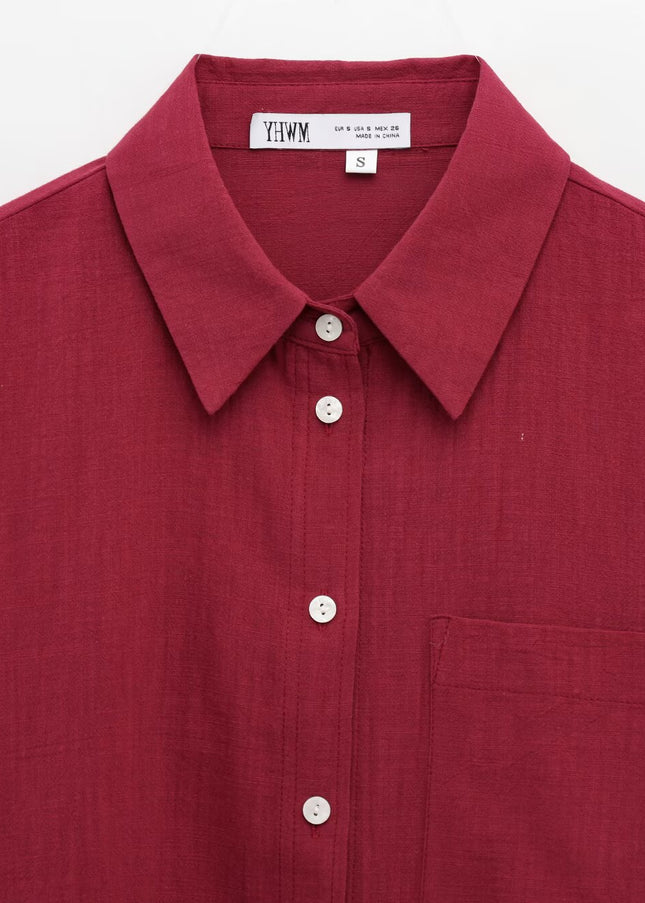 Buttons up Long Sleeve Red Color Turn Down Collar Casual Fashion Tops Blouse for Women