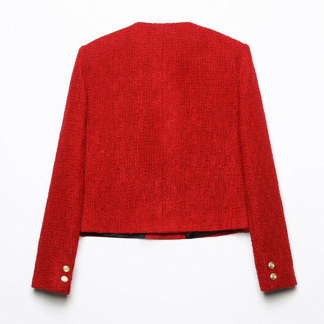 Double Breasted Long Sleeve Crew Neck Hot Sale Casual Fashion Tweed Jacket for Women