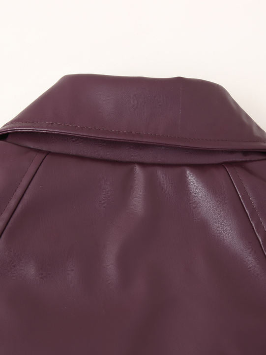 Turn Down Collar Purple Color Long Sleeve Front Buckle Casual Fashion Leather Motorcycle Jacket for Women