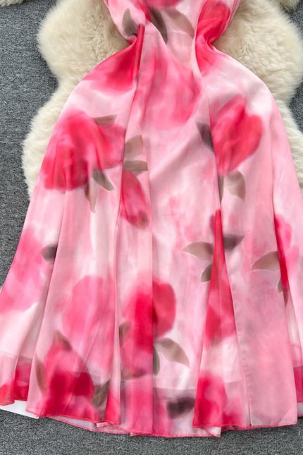 2024 Summer Fashion Waistband Slim Mid Length Halo Dyed Pink Print Strap Dress Beach Resort Dress