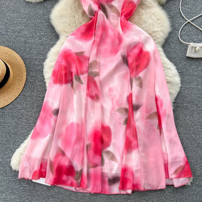 2024 Summer Fashion Waistband Slim Mid Length Halo Dyed Pink Print Strap Dress Beach Resort Dress