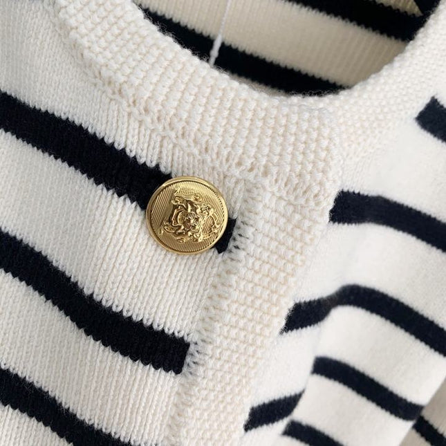 Round Neck Color Clashing Striped Knitted Cardigan Women Spring Autumn French Loose Short Sweater Jacket