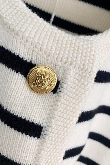 Round Neck Color Clashing Striped Knitted Cardigan Women Spring Autumn French Loose Short Sweater Jacket