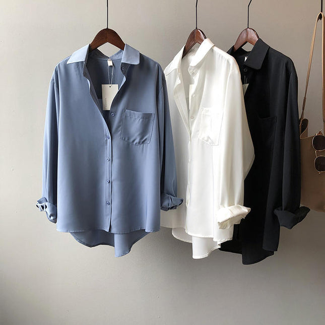 High Quality Spring New Solid Color Simple Long Sleeve Lapel Shirt Female