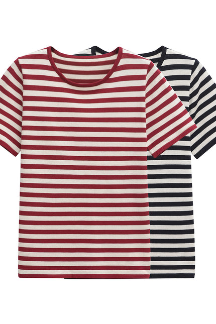 2 Colorway Striped Pattern Short Sleeve Crew Neck Casual Fashion t Shirt for Women