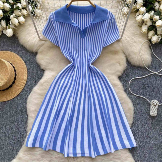Cor Vintage francês Clash lapela manga curta listrada das mulheres A linha de malha Mini vestidos