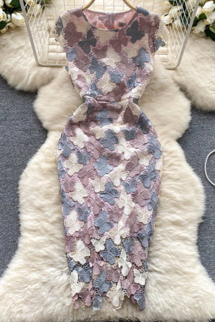 Temperament High-grade butterfly Hollowed-out Hook Flower Lace Dress Female Waist Elegant Package Hip Skirt