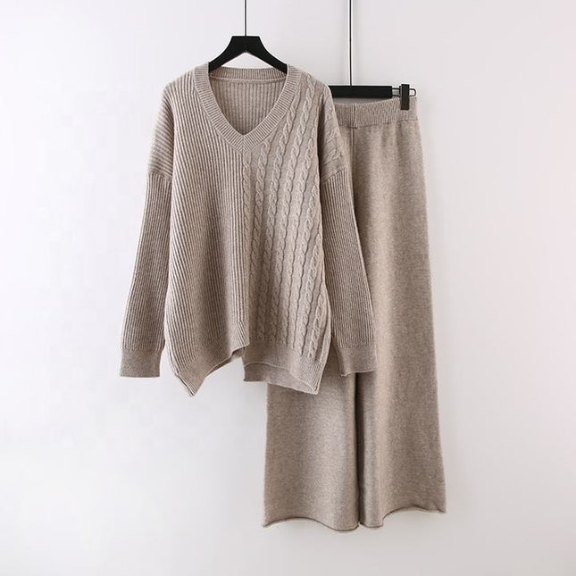 Fall and Winter New Irregular Sweater Set Loose Fashion Knitted Wide Leg Pants Two Piece Set