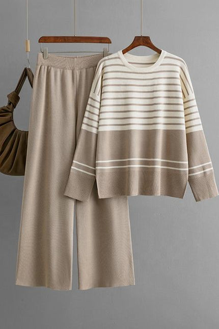 Autumn Winter New Striped Knitted Two-piece Round Neck Sweater Top + Fashion Trousers 2-piece Set