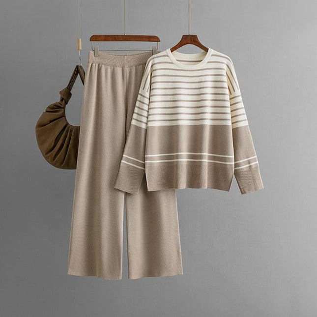 Autumn Winter New Striped Knitted Two-piece Round Neck Sweater Top + Fashion Trousers 2-piece Set