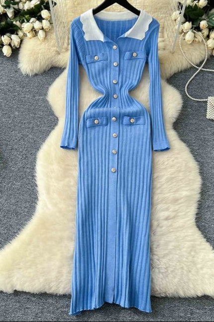 Vintage Collision Lapel Long Sleeve Slim Tight Vertical Knit Dress
