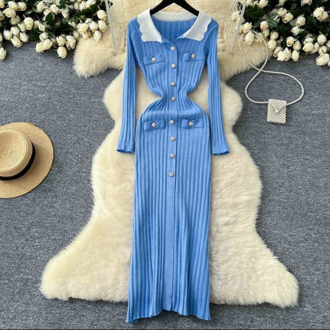 Vintage Collision Lapel Long Sleeve Slim Tight Vertical Knit Dress