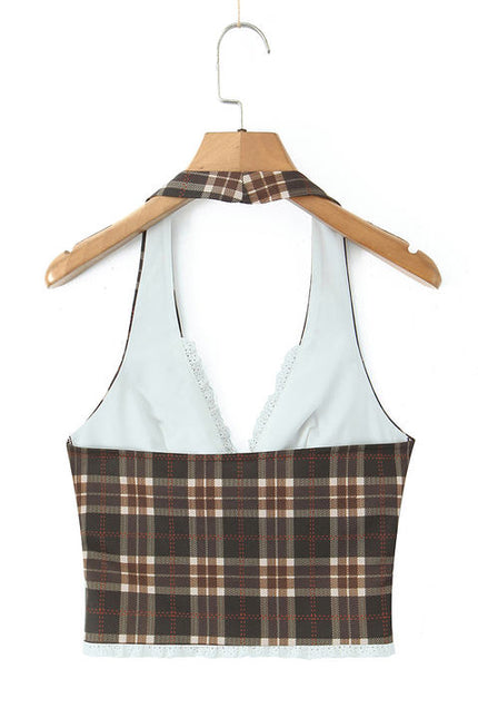 Plaid print brown color front lace up sleeveless casual fashion women's halter tank top