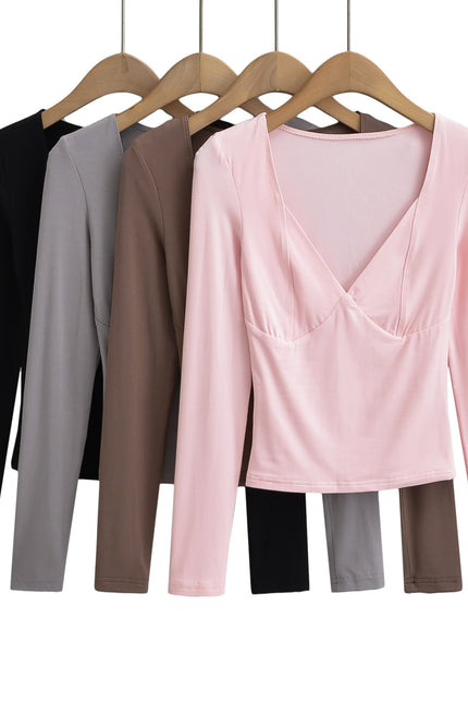 4 Colorway square Collar Long Sleeve Solid Color Casual Fashion Women t Shirt