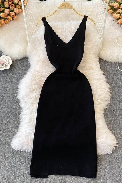New Rose Embroidered Black Skinny Knitted Strap Split Dress for Women