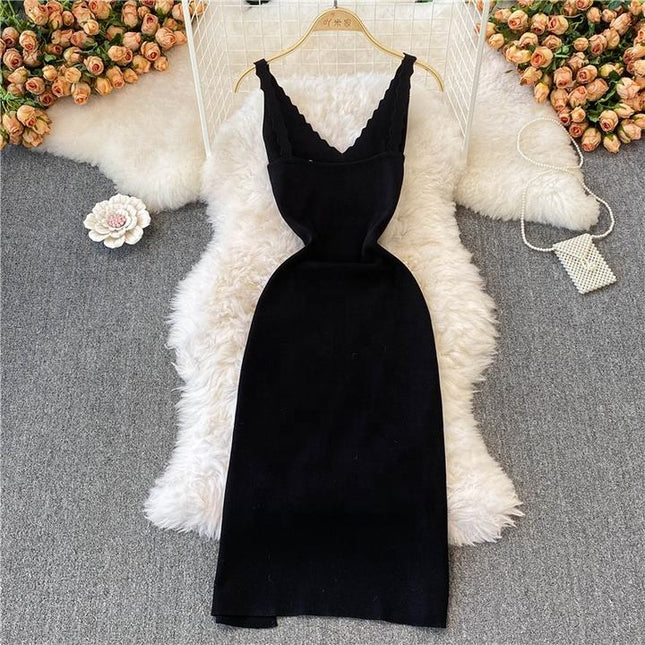 New Rose Embroidered Black Skinny Knitted Strap Split Dress for Women