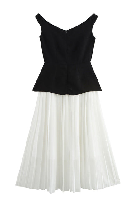 Crew Neck Patchwork Design White Black Color Sleeveless Casual Fashion Summer Long Dress for Women