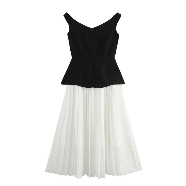 Crew Neck Patchwork Design White Black Color Sleeveless Casual Fashion Summer Long Dress for Women