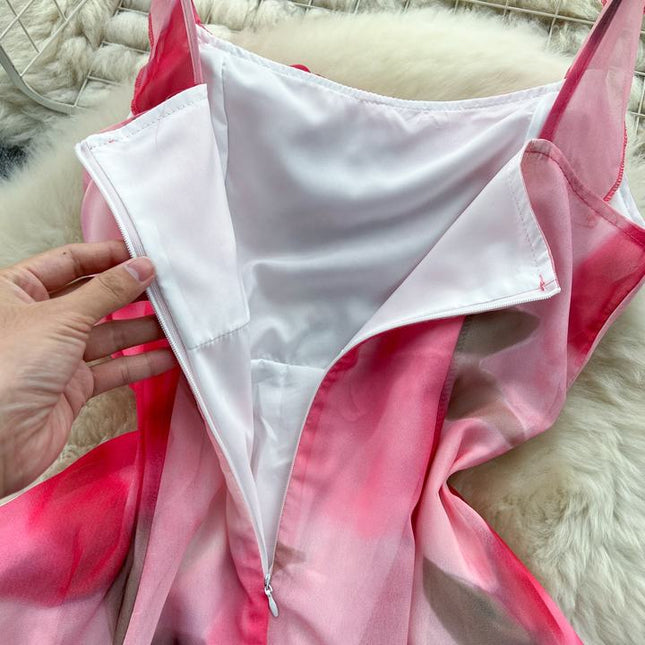 2024 Summer Fashion Waistband Slim Mid Length Halo Dyed Pink Print Strap Dress Beach Resort Dress