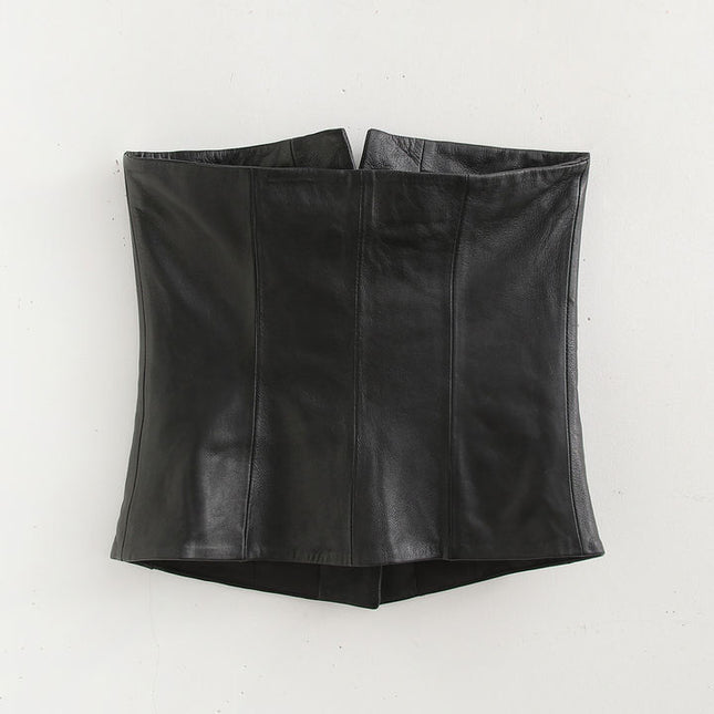 Strapless Black Color Buttons up Casual Fashion Leather tank Top for Women