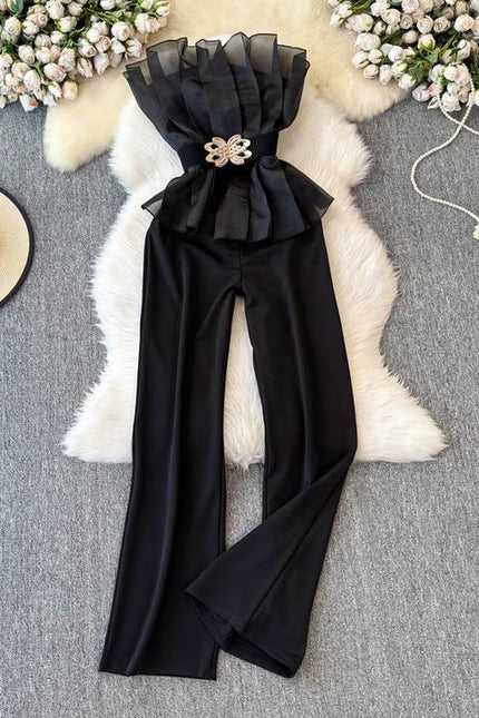 Elegant and Sexy Mesh Spliced One Shoulder Ruffled Edges Cinched Waist for Slimming Jumpsuit
