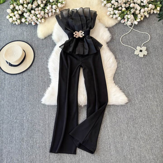 Elegant and Sexy Mesh Spliced One Shoulder Ruffled Edges Cinched Waist for Slimming Jumpsuit